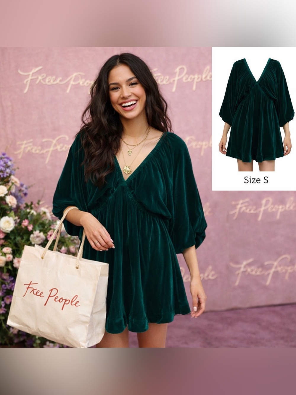 Free People Dark Green Velvet V-Neck Babydoll Mini Dress